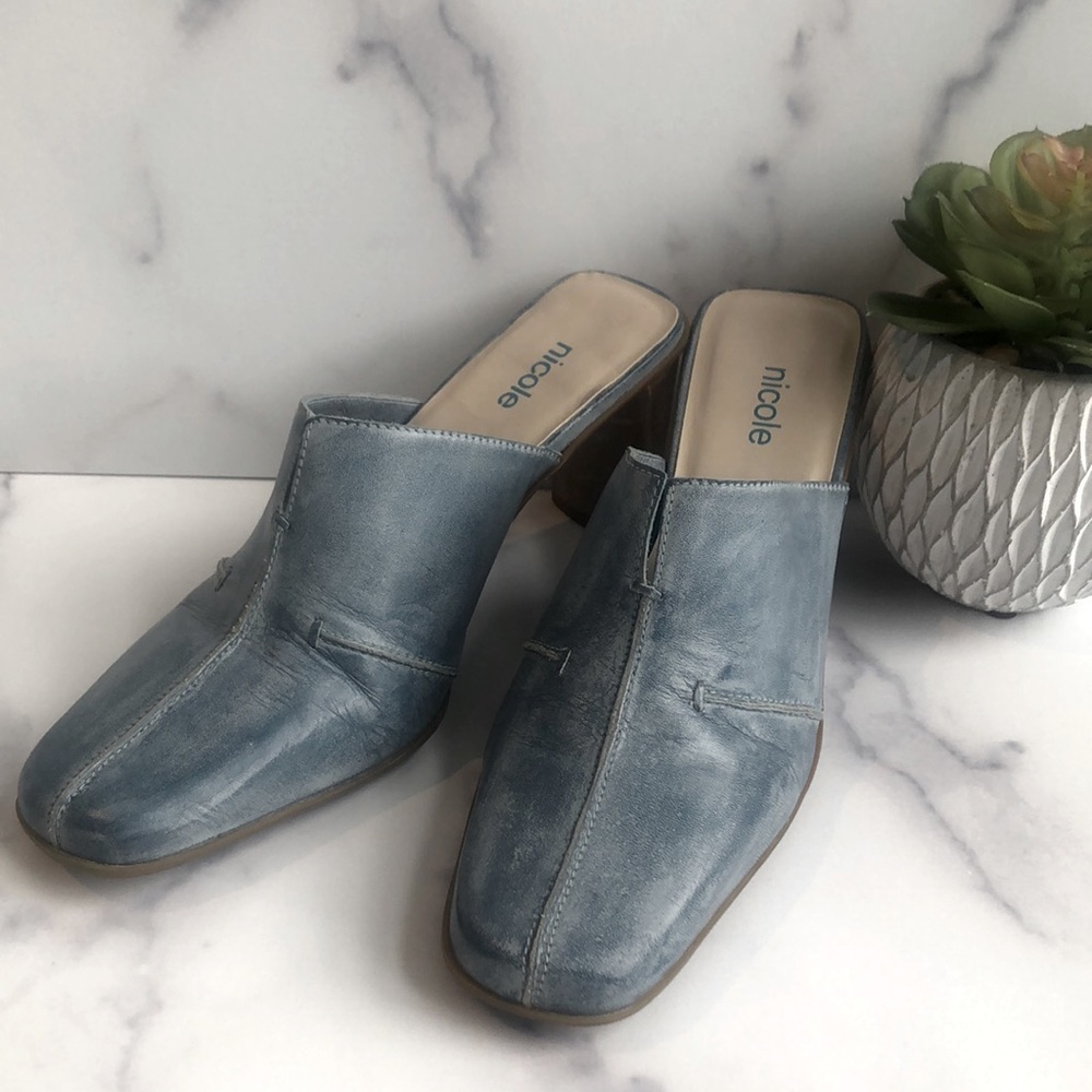 Vintage NICOLE Brakes Blue Stitched Leather Heeled Mules, Size 7M